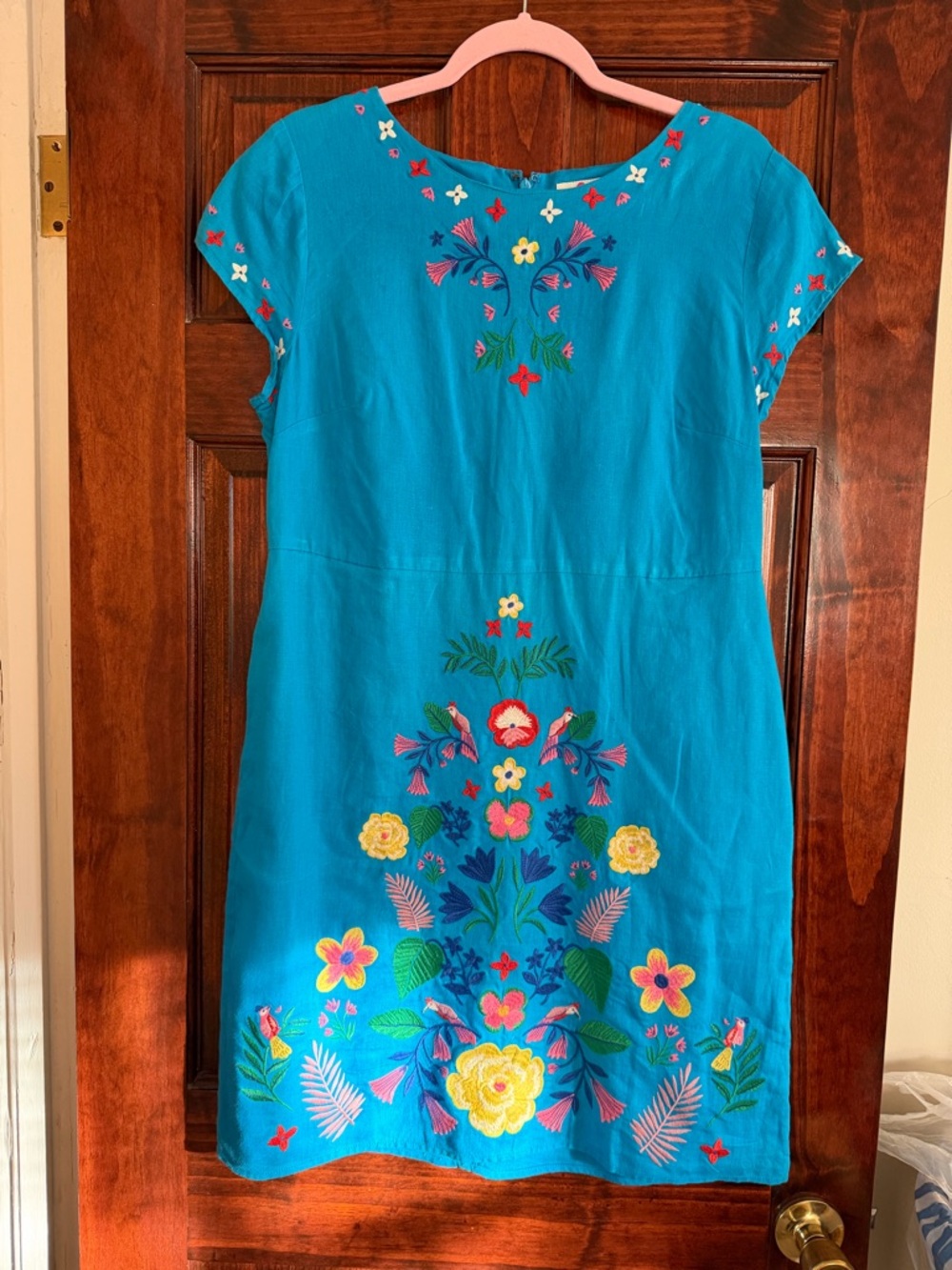Boden Turquoise Floral Embroidered LinenDress